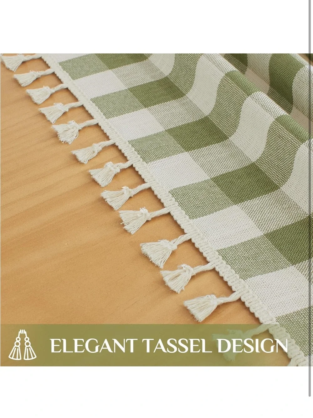 NEW Softalker Checkered Tablecloth With Tassels, Linen Cotton Gingham. Sage Grn